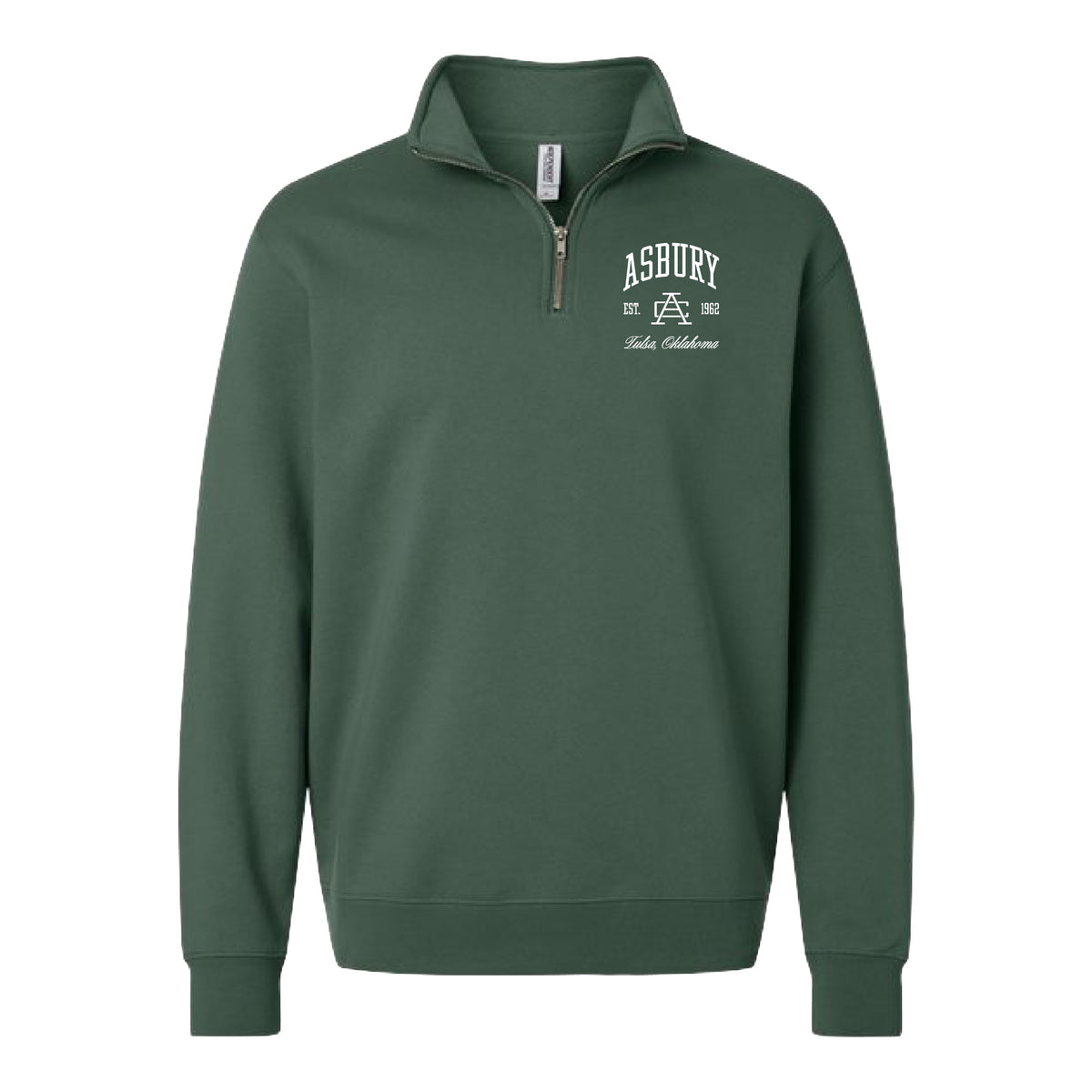 Green sweatshirt with a logo on the chest against a white background