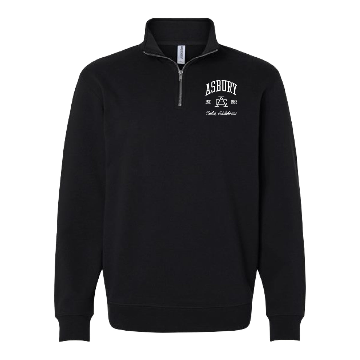A black long-sleeve quarter-zip sweatshirt with a white 'ASBURY' collegiate graphic on the left chest, displayed on a clean white background.