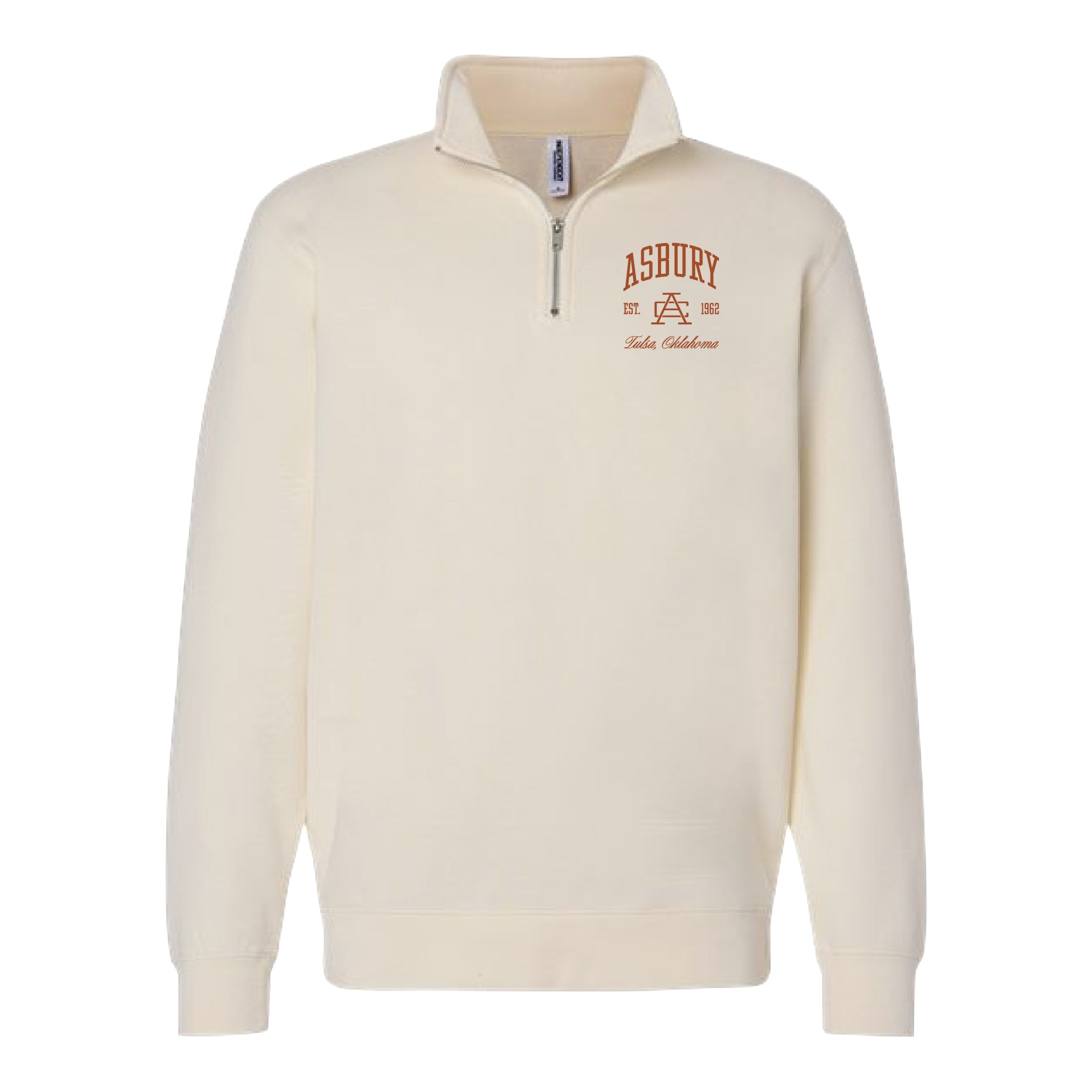 An off-white quarter-zip sweatshirt with 'ASBURY' and 'Salem Childrens' printed in brown on the left chest, displayed on a solid white background.