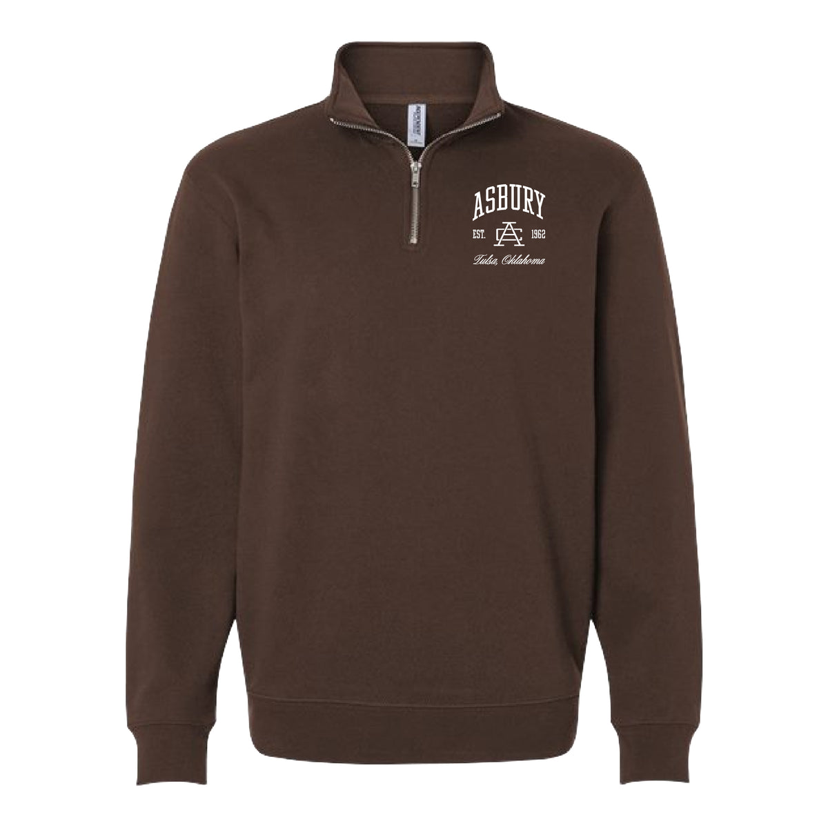 A dark brown quarter-zip sweatshirt with a white 'ASBURY 1912 USA Gold Coast' graphic printed on the left chest, displayed on a clean white background.